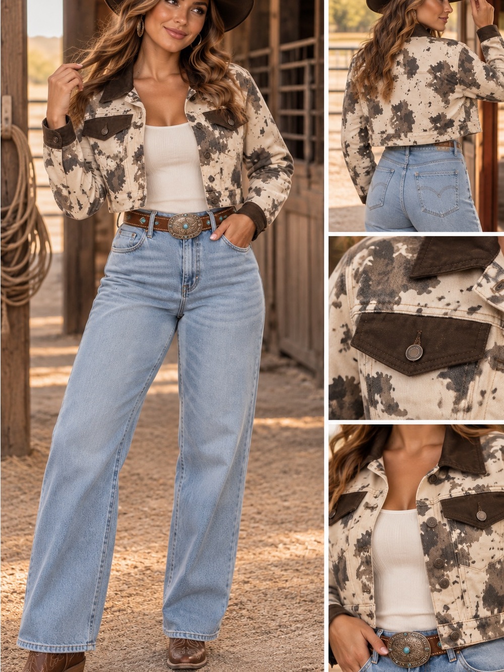 Cropped Cowhide-Print Jean Jacket - Women's Brown & Cream Western Style